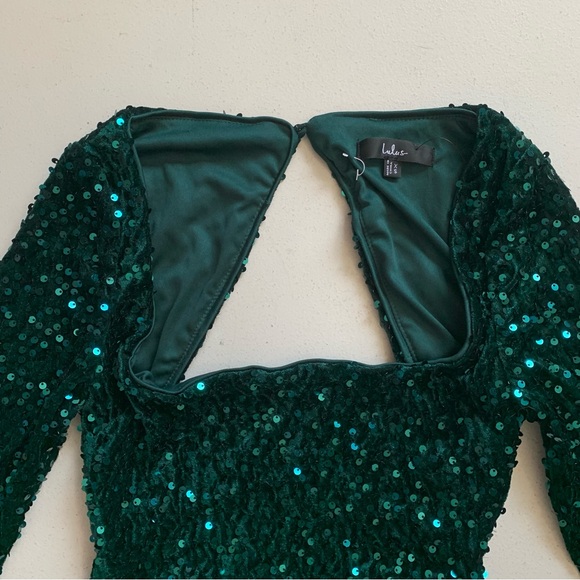 Lulus XS Marvelous Radiance Emerald Sequin Cutout Long Sleeve Mini Dress NWT - Picture 4 of 17